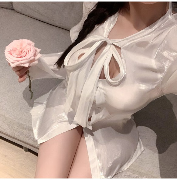 FEE ET MOI - Silky Lustre Boyfriend Tie Shirt (White)